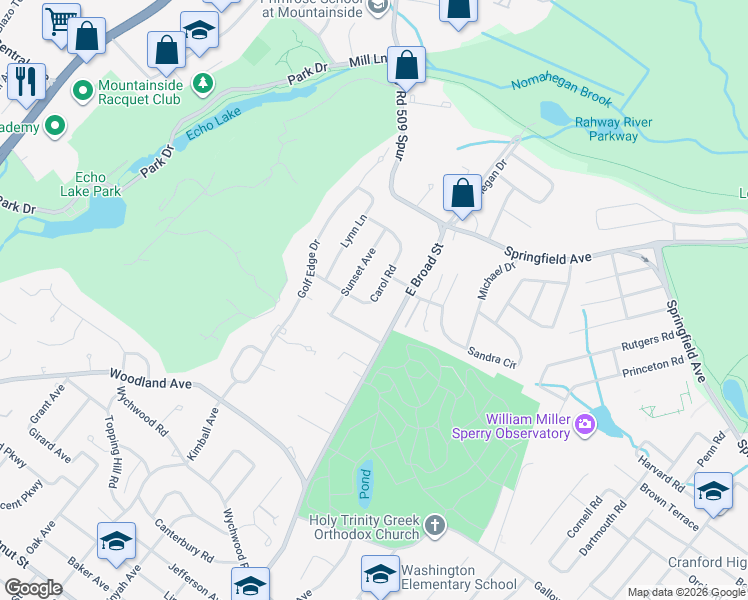 map of restaurants, bars, coffee shops, grocery stores, and more near 18 Carol Road in Westfield