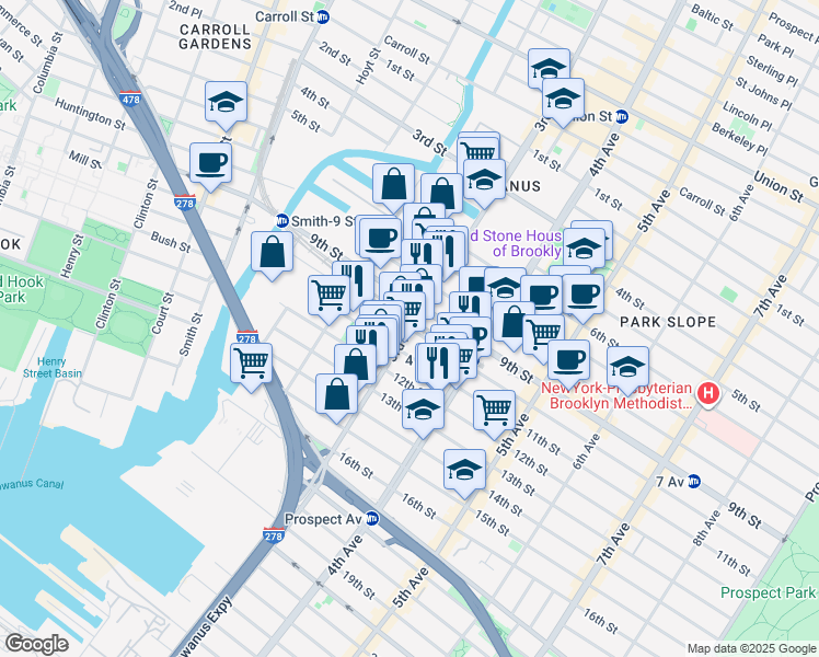 map of restaurants, bars, coffee shops, grocery stores, and more near 3rd Ave & 10th St in Brooklyn