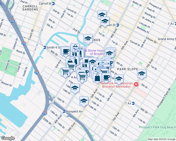 map of restaurants, bars, coffee shops, grocery stores, and more near 252 9th Street in Brooklyn