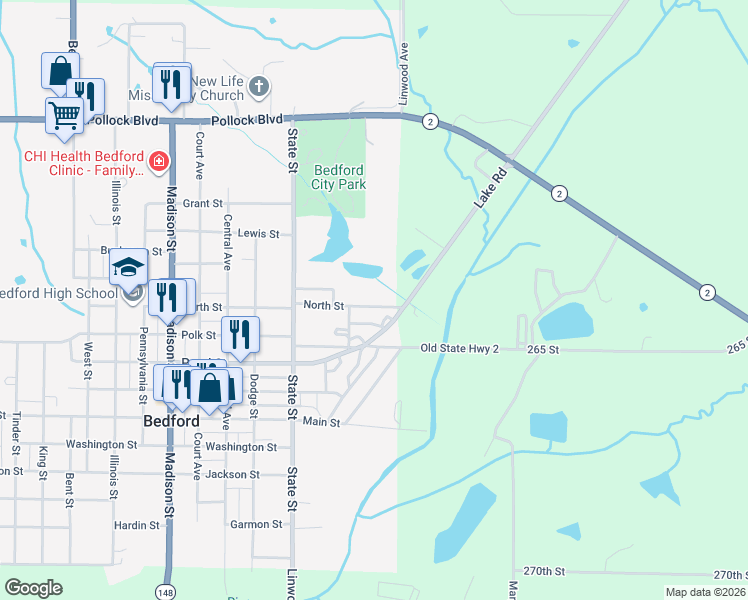 map of restaurants, bars, coffee shops, grocery stores, and more near 103 North Street in Bedford