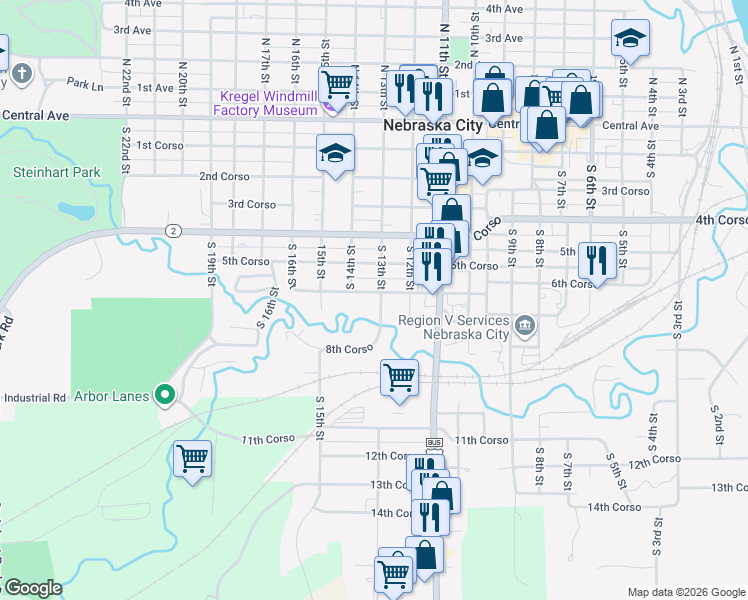 map of restaurants, bars, coffee shops, grocery stores, and more near 1303 North 6th Street in Nebraska City