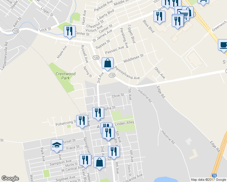 map of restaurants, bars, coffee shops, grocery stores, and more near 540 Williams Street in Phillipsburg