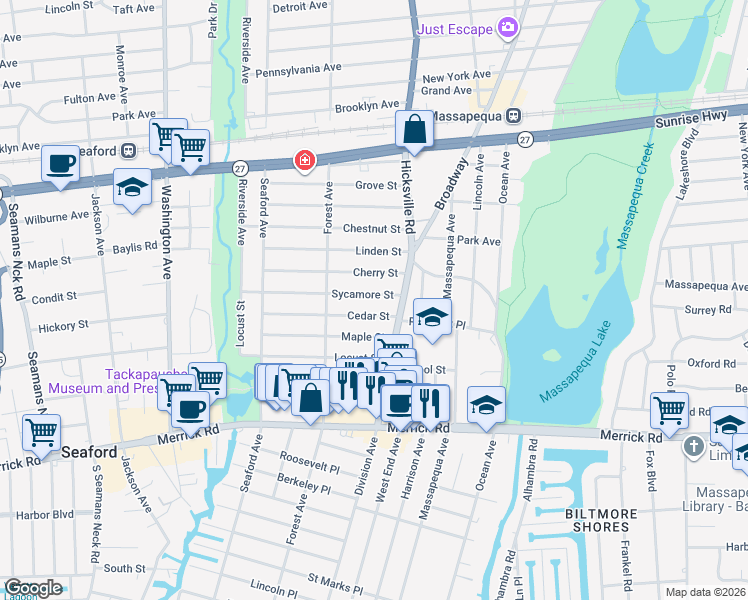 map of restaurants, bars, coffee shops, grocery stores, and more near 74 Sycamore Street in Massapequa