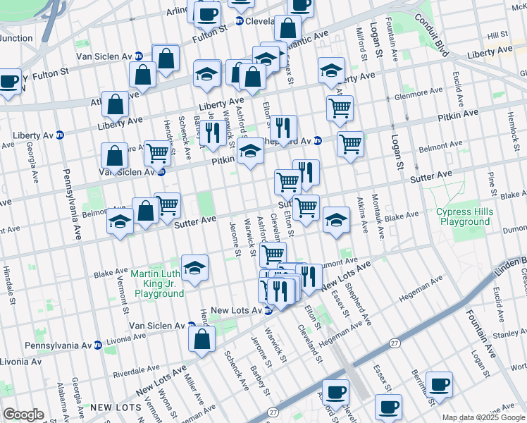 map of restaurants, bars, coffee shops, grocery stores, and more near 457 Ashford Street in Brooklyn