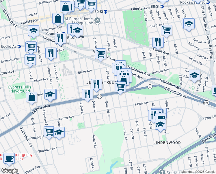 map of restaurants, bars, coffee shops, grocery stores, and more near 222 Amber Street in Brooklyn