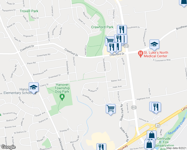 map of restaurants, bars, coffee shops, grocery stores, and more near 5605 Grace Avenue in Bethlehem