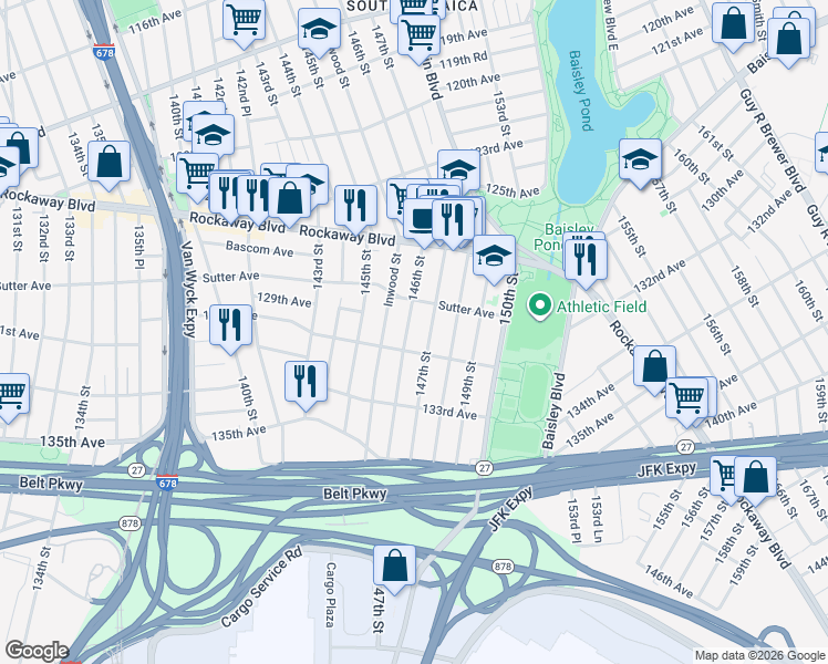 map of restaurants, bars, coffee shops, grocery stores, and more near 128-30 146th Street in Queens