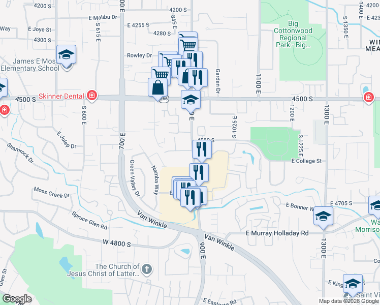 map of restaurants, bars, coffee shops, grocery stores, and more near 890 Red Sage Lane in Murray