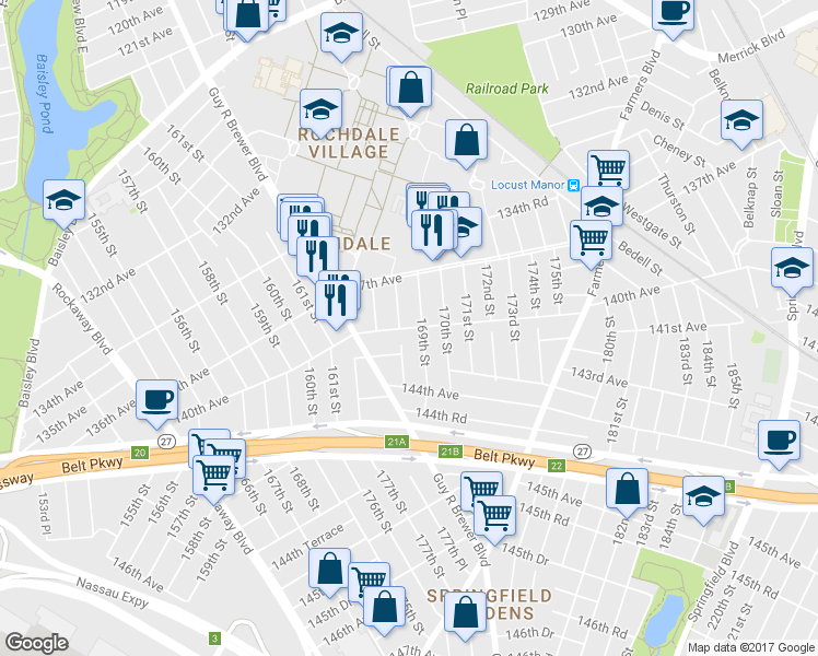 map of restaurants, bars, coffee shops, grocery stores, and more near 168-9 140th Ave in Queens