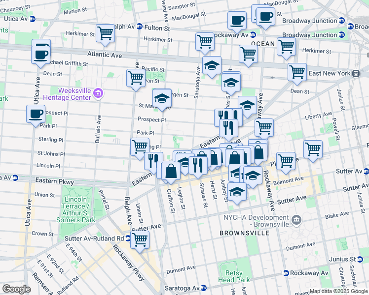 map of restaurants, bars, coffee shops, grocery stores, and more near 1835 Sterling Place in Brooklyn