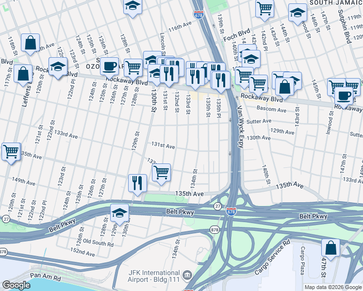 map of restaurants, bars, coffee shops, grocery stores, and more near 132-09 131st Avenue in Queens