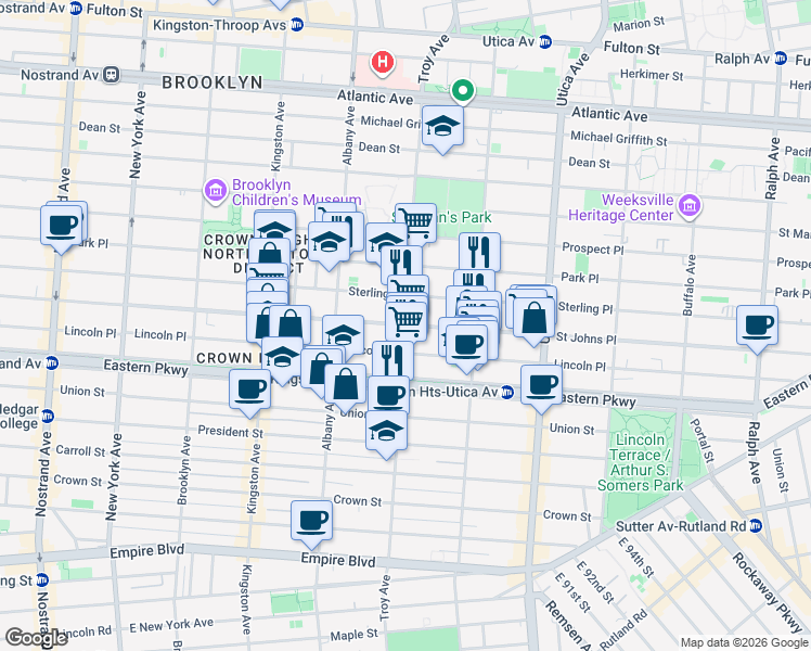 map of restaurants, bars, coffee shops, grocery stores, and more near Troy Ave & St Johns Pl in Brooklyn