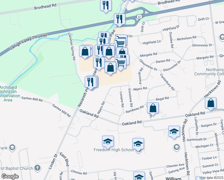 map of restaurants, bars, coffee shops, grocery stores, and more near 2922 Nijaro Road in Bethlehem