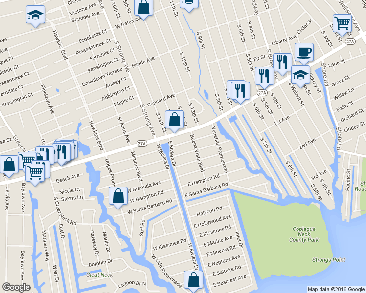 map of restaurants, bars, coffee shops, grocery stores, and more near 225 East Alhambra Avenue in Lindenhurst