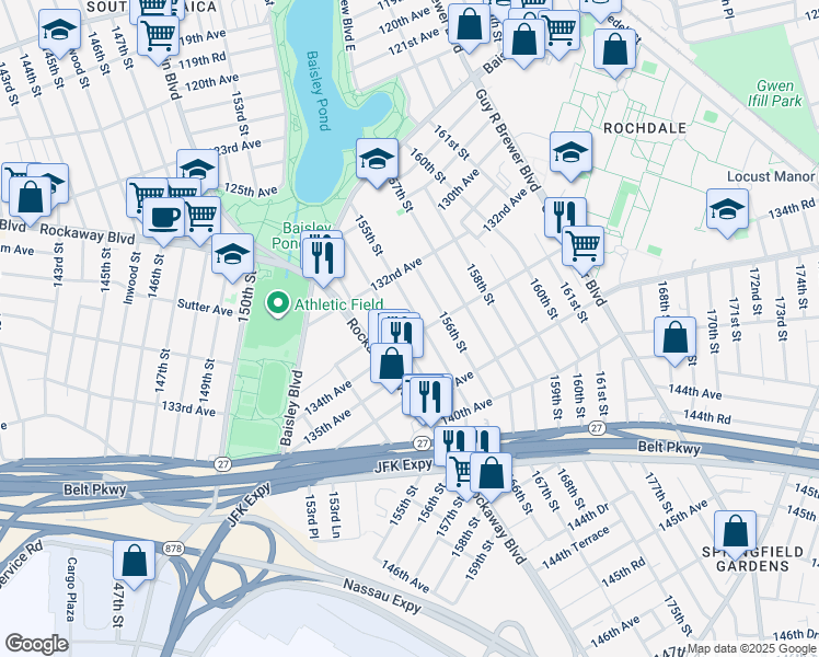 map of restaurants, bars, coffee shops, grocery stores, and more near 154-09 134th Avenue in Queens