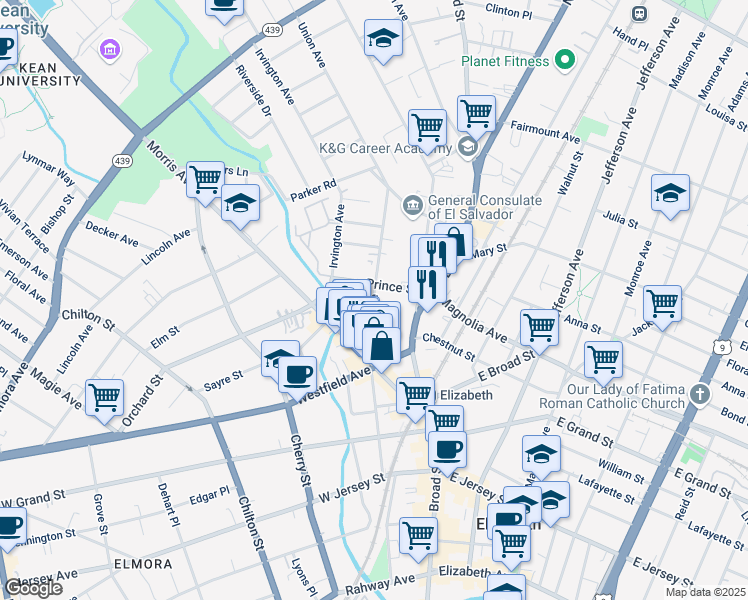 map of restaurants, bars, coffee shops, grocery stores, and more near 363 Union Ave in Elizabeth