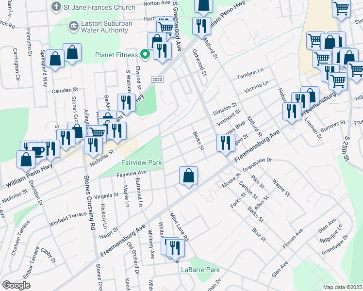 map of restaurants, bars, coffee shops, grocery stores, and more near 3334 Vermont St in Easton