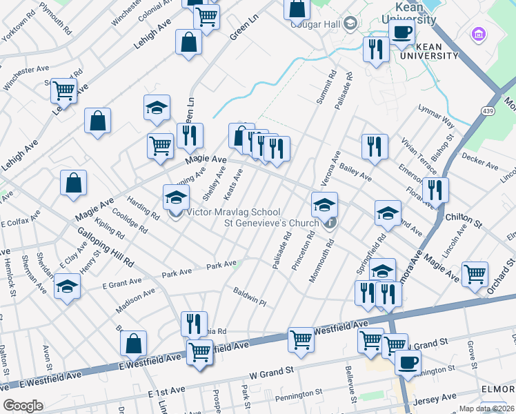 map of restaurants, bars, coffee shops, grocery stores, and more near 185 Glenwood Road in Elizabeth