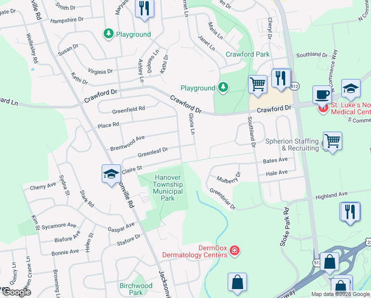 map of restaurants, bars, coffee shops, grocery stores, and more near 987 Greenleaf Drive in Bethlehem