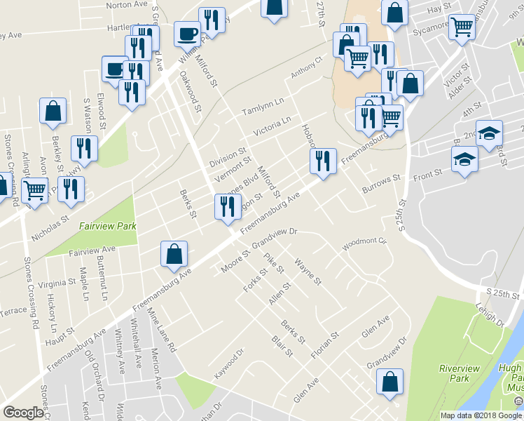 map of restaurants, bars, coffee shops, grocery stores, and more near 3019 Freemansburg Avenue in Easton