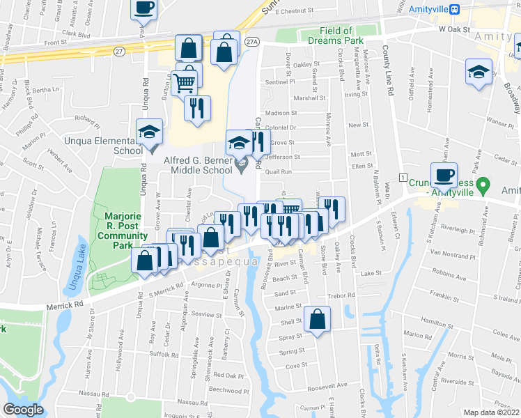 map of restaurants, bars, coffee shops, grocery stores, and more near 10 Lamplighter Lane in Massapequa