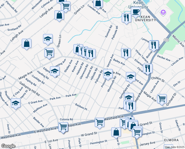 map of restaurants, bars, coffee shops, grocery stores, and more near 210 Hillside Road in Elizabeth