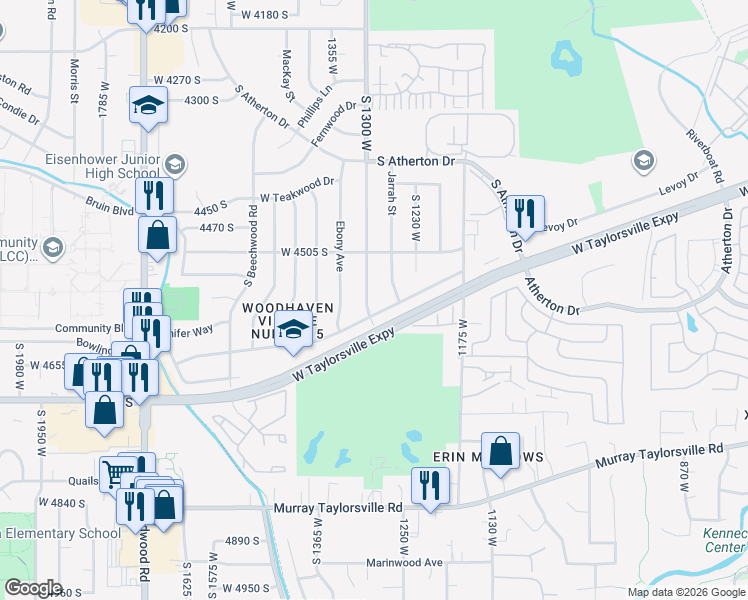 map of restaurants, bars, coffee shops, grocery stores, and more near 4568 Jarrah Street in Taylorsville