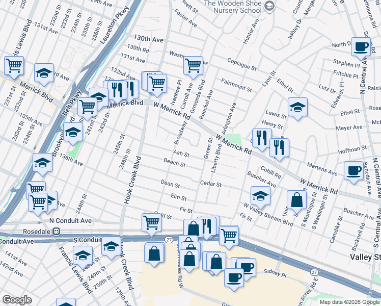 map of restaurants, bars, coffee shops, grocery stores, and more near 121 Ash Street in Valley Stream