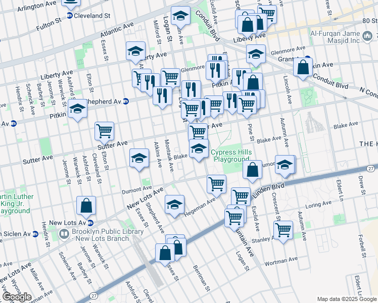map of restaurants, bars, coffee shops, grocery stores, and more near 615 Logan Street in Brooklyn