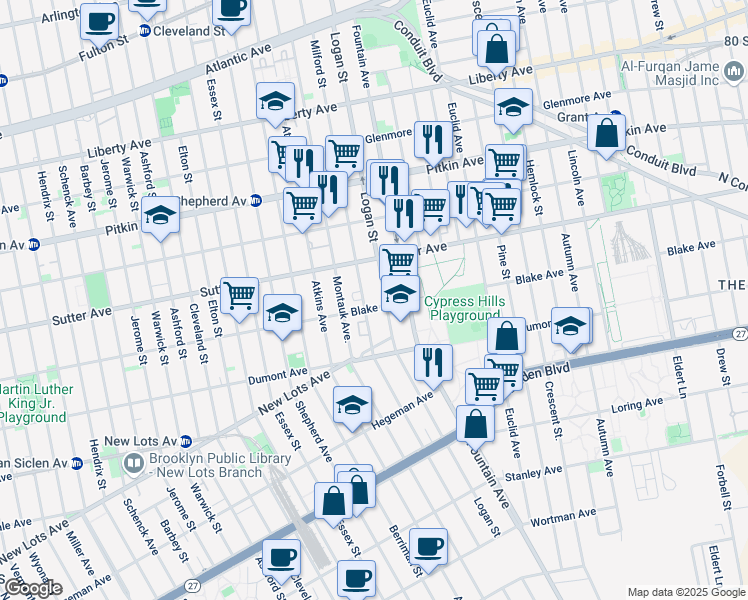 map of restaurants, bars, coffee shops, grocery stores, and more near 615 Logan Street in Brooklyn