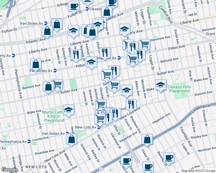 map of restaurants, bars, coffee shops, grocery stores, and more near 491 Elton Street in Brooklyn