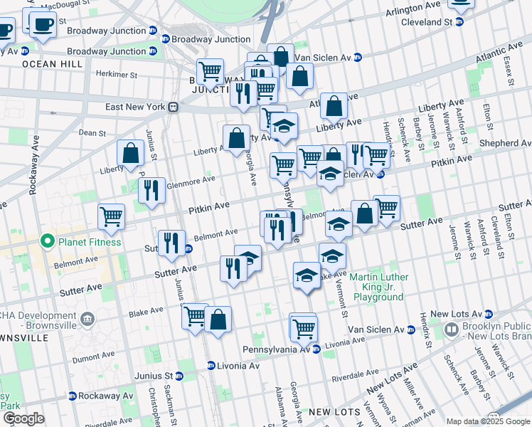 map of restaurants, bars, coffee shops, grocery stores, and more near 2060 Pitkin Avenue in Brooklyn