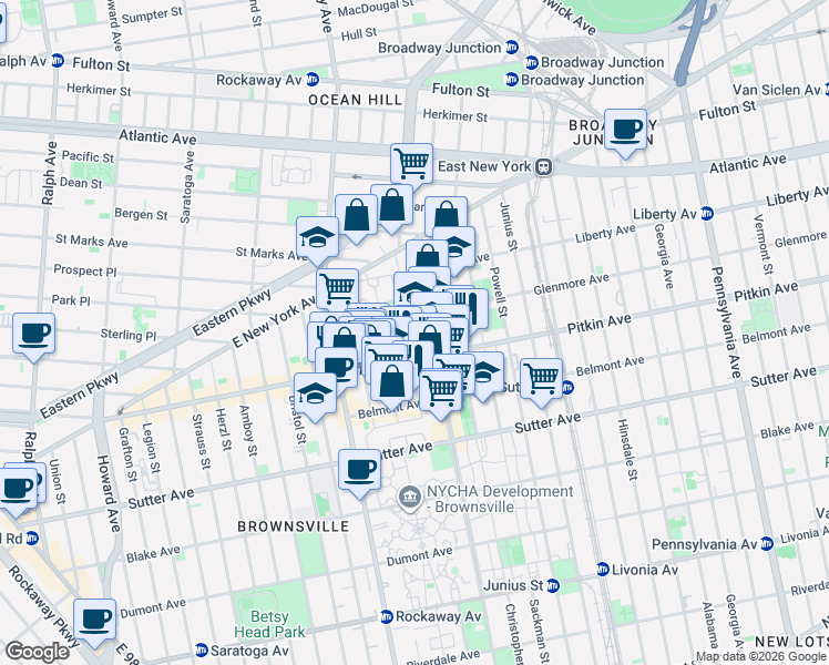 map of restaurants, bars, coffee shops, grocery stores, and more near 85 Watkins Street in Brooklyn