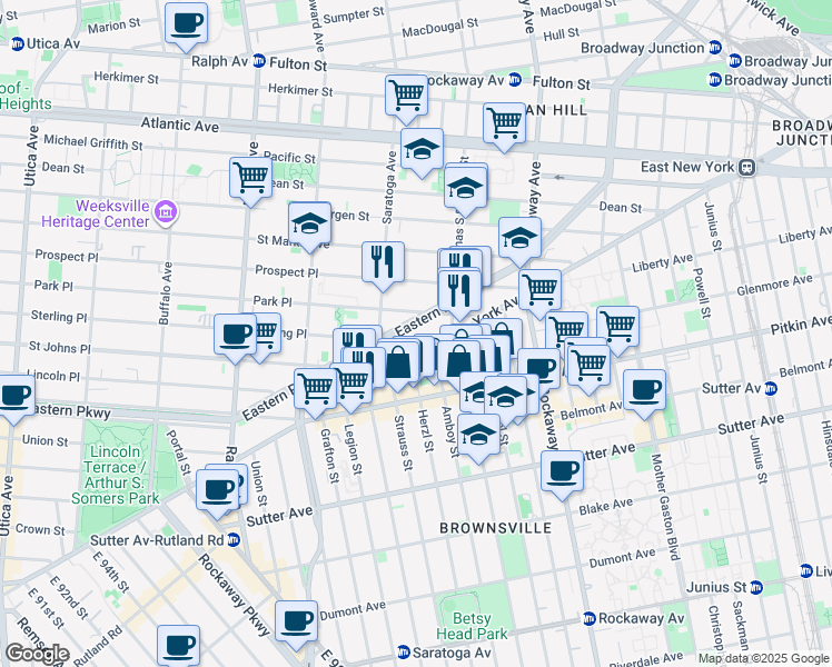 map of restaurants, bars, coffee shops, grocery stores, and more near 1582 Eastern Parkway in Brooklyn