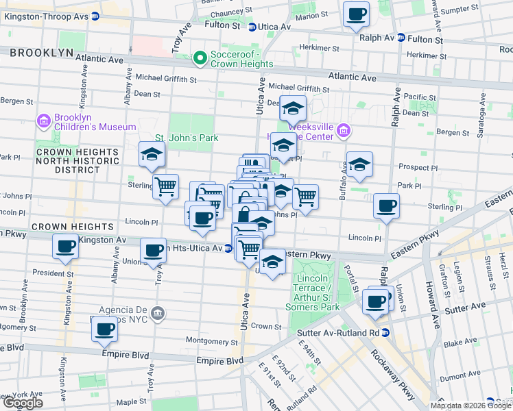 map of restaurants, bars, coffee shops, grocery stores, and more near 225 Utica Avenue in Brooklyn