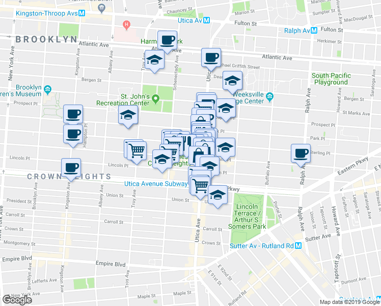 map of restaurants, bars, coffee shops, grocery stores, and more near 1399 Saint Johns Place in Brooklyn