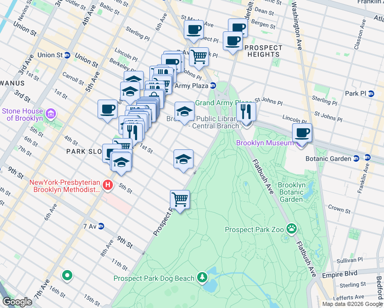 map of restaurants, bars, coffee shops, grocery stores, and more near 51 Montgomery Place in Brooklyn