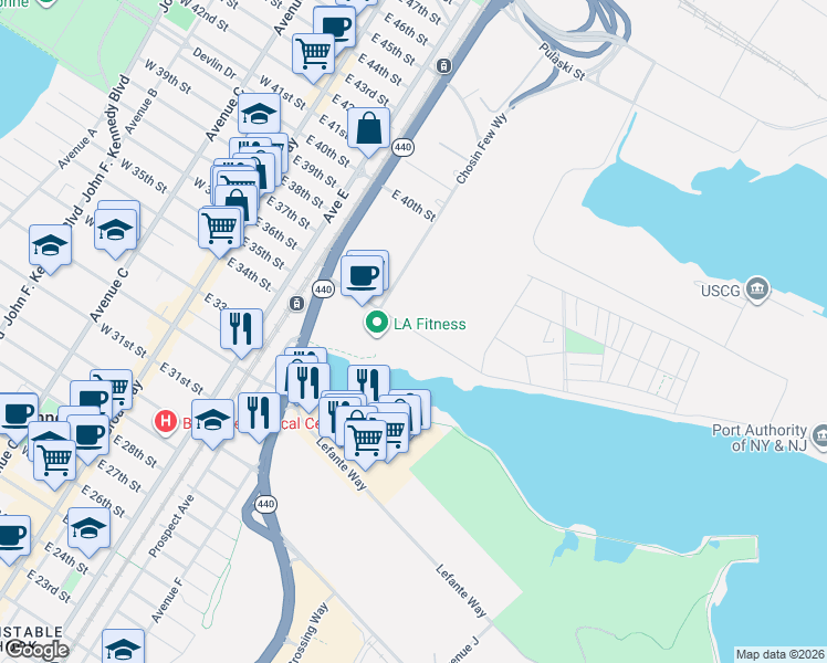 map of restaurants, bars, coffee shops, grocery stores, and more near 110 Goldsborough Drive in Bayonne