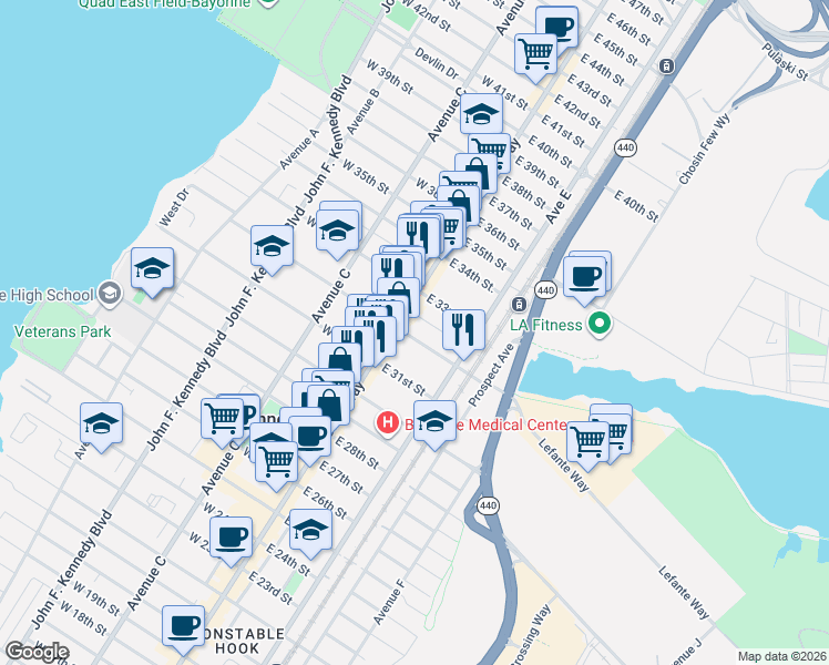 map of restaurants, bars, coffee shops, grocery stores, and more near 702 Broadway in Bayonne