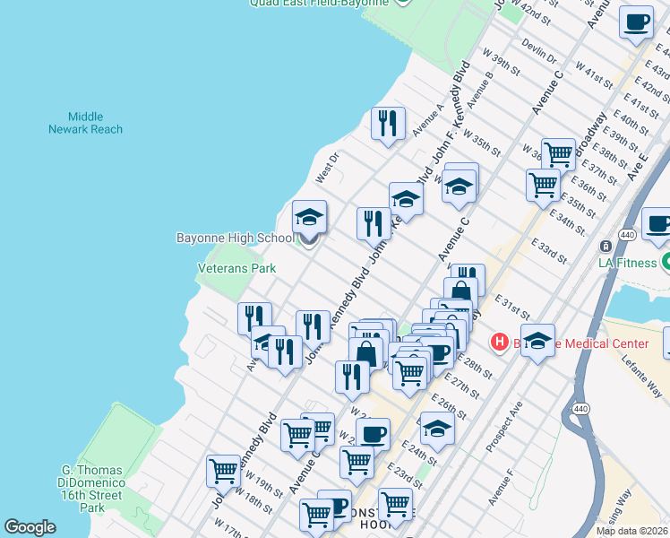 map of restaurants, bars, coffee shops, grocery stores, and more near 658 Avenue A in Bayonne