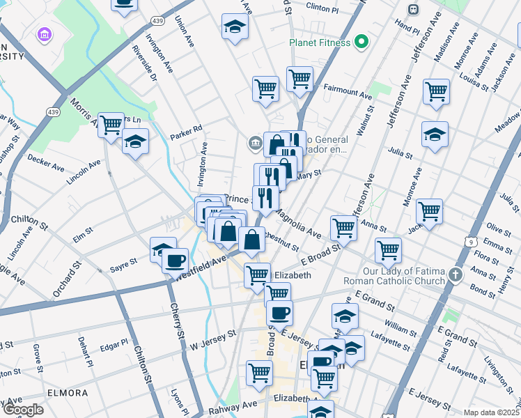 map of restaurants, bars, coffee shops, grocery stores, and more near 332-42 North Broad Street in Elizabeth
