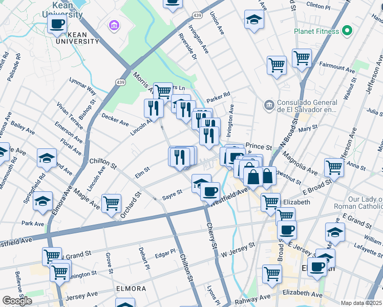 map of restaurants, bars, coffee shops, grocery stores, and more near 40 Elm Street in Elizabeth