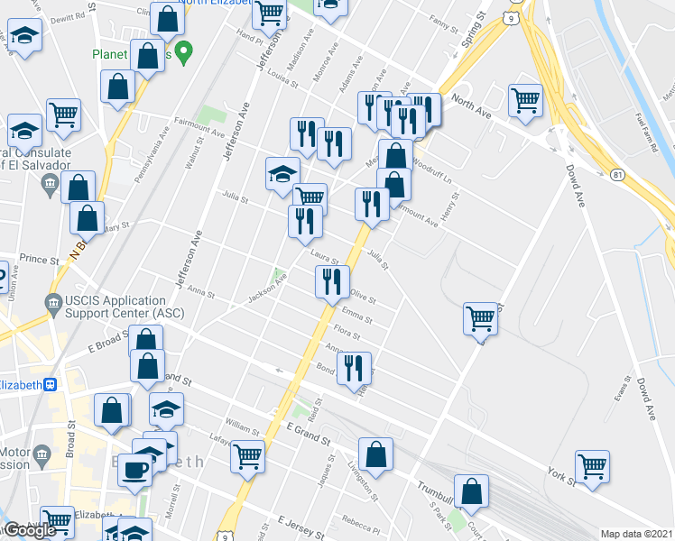 map of restaurants, bars, coffee shops, grocery stores, and more near 510 Spring Street in Elizabeth