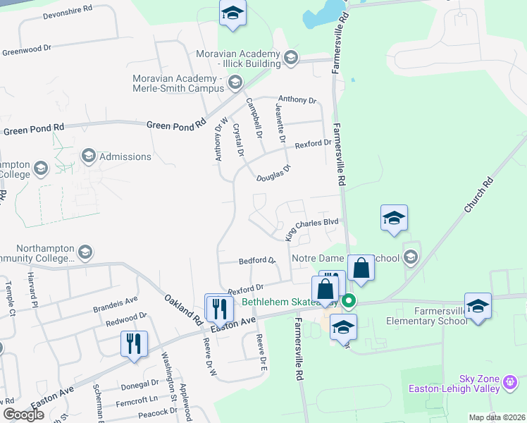 map of restaurants, bars, coffee shops, grocery stores, and more near 117 Commonwealth Drive in Bethlehem