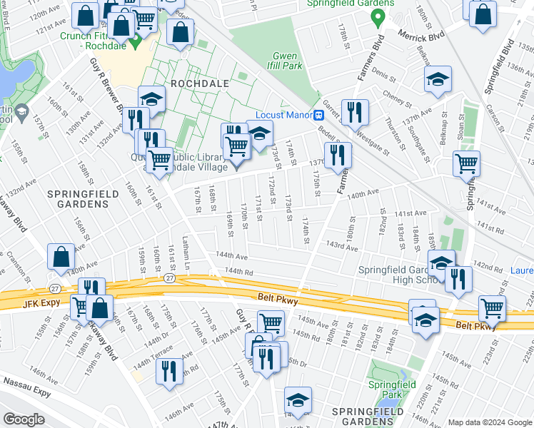 map of restaurants, bars, coffee shops, grocery stores, and more near 171-12 140th Avenue in Queens