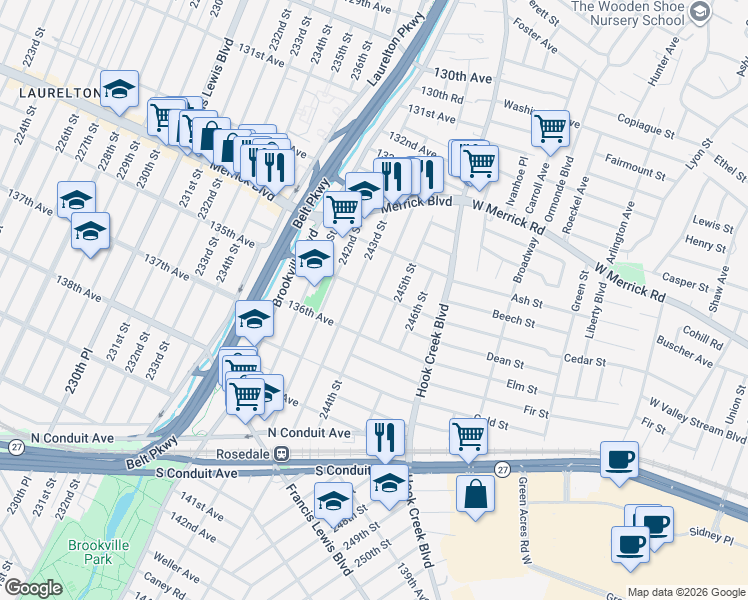 map of restaurants, bars, coffee shops, grocery stores, and more near 244-5 135th Avenue in Queens