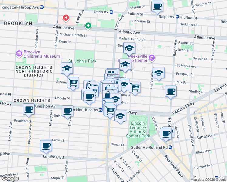 map of restaurants, bars, coffee shops, grocery stores, and more near 225 Utica Avenue in Brooklyn