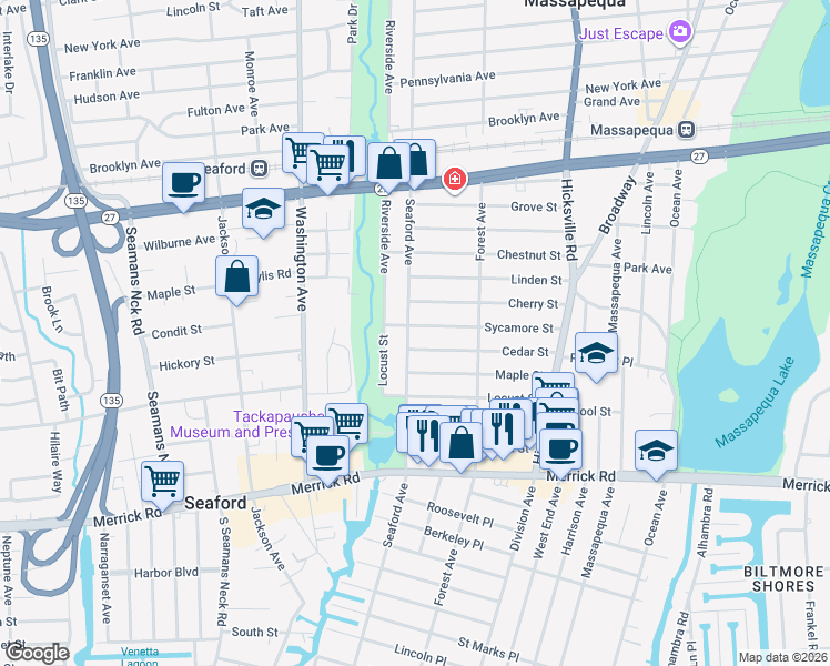 map of restaurants, bars, coffee shops, grocery stores, and more near 351 Seaford Avenue in Massapequa
