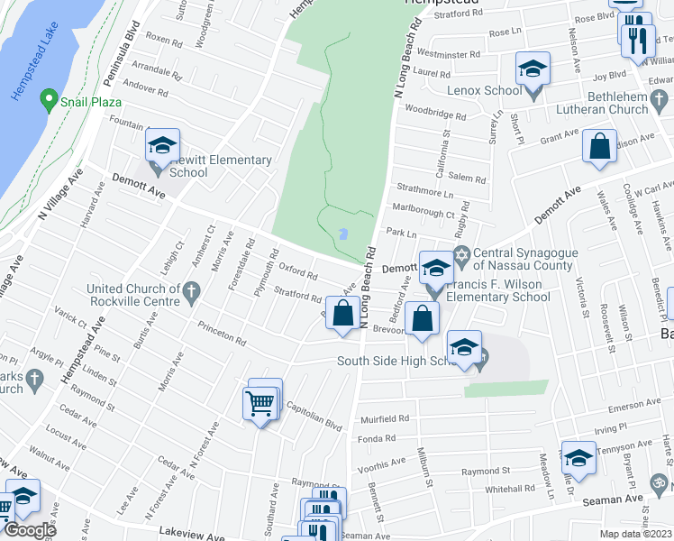 map of restaurants, bars, coffee shops, grocery stores, and more near 300 Demott Avenue in Rockville Centre