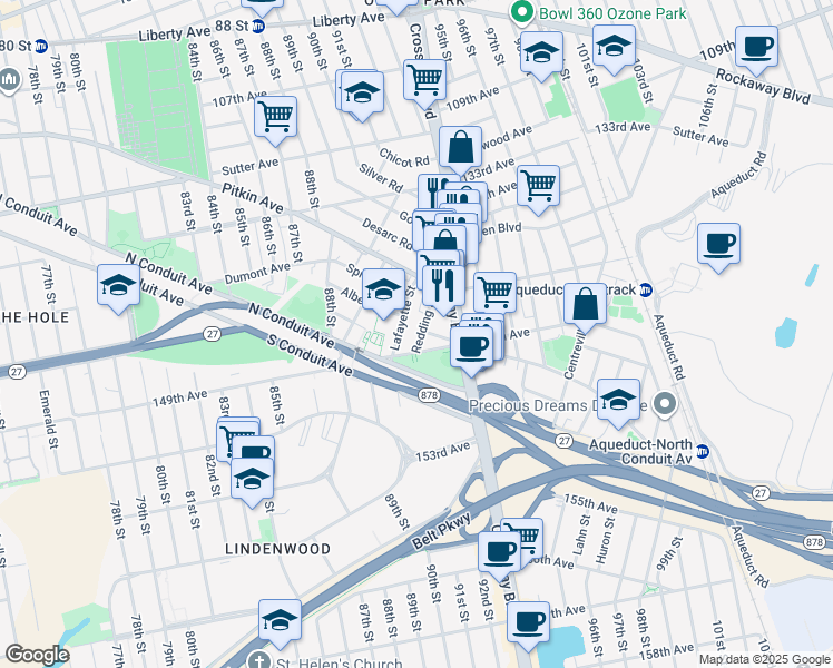 map of restaurants, bars, coffee shops, grocery stores, and more near 138-11 Lafayette Street in Queens